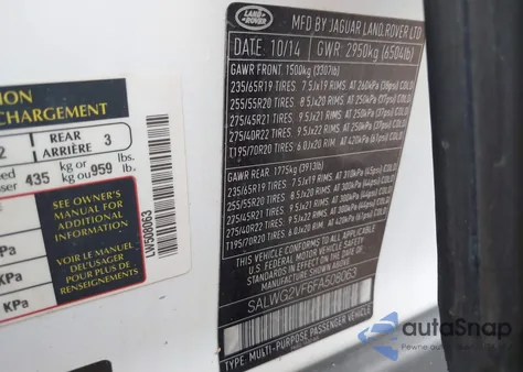 2015 Land Rover Range Rover Sport 3.0L V6 Supercharged Hse/3.0L V6 Supercharged Se from USA, damaged, VIN SALWG2VF6FA508063